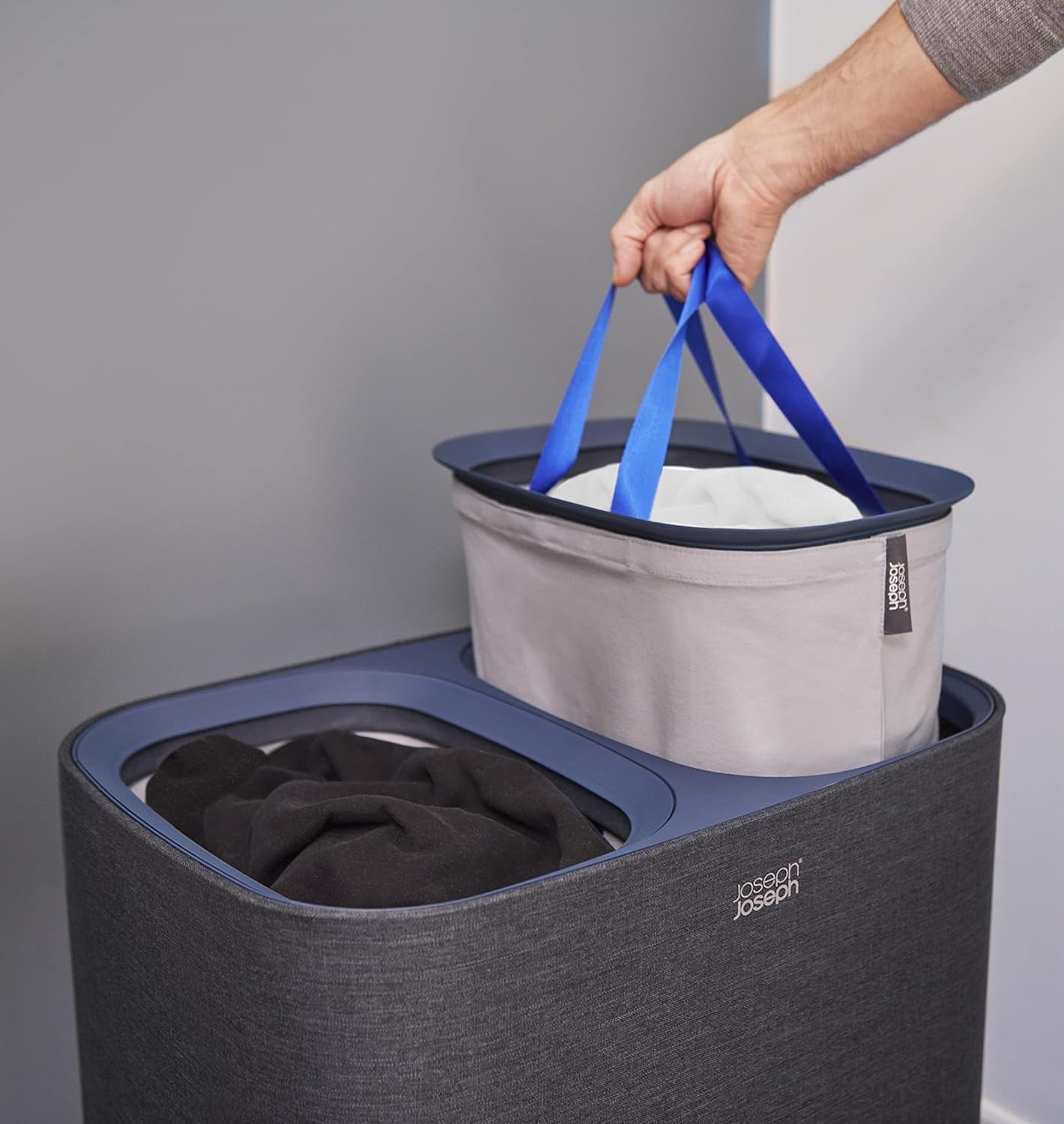 90L Dual Compartment Laundry Basket with Lid Removable Bags Carbon Black