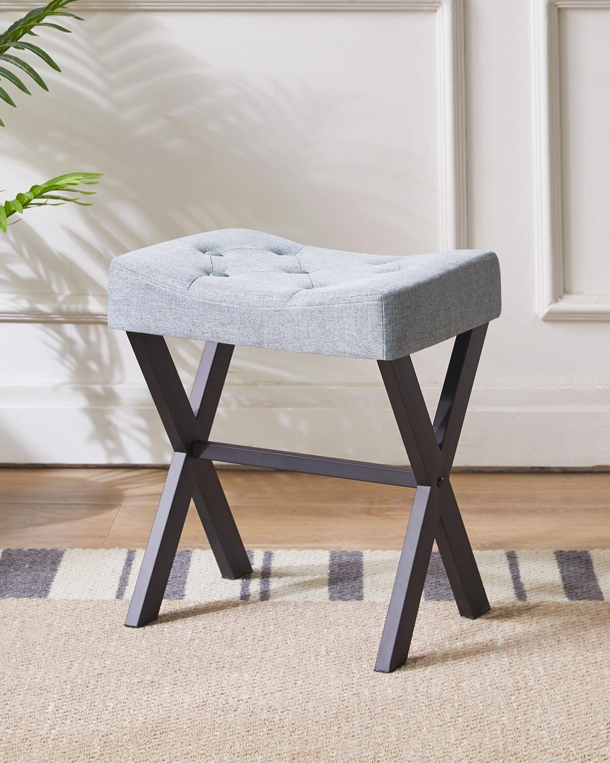 Blue Gray U-Shaped Linen Vanity Stool with X-Leg – Makeup Seat & Footrest