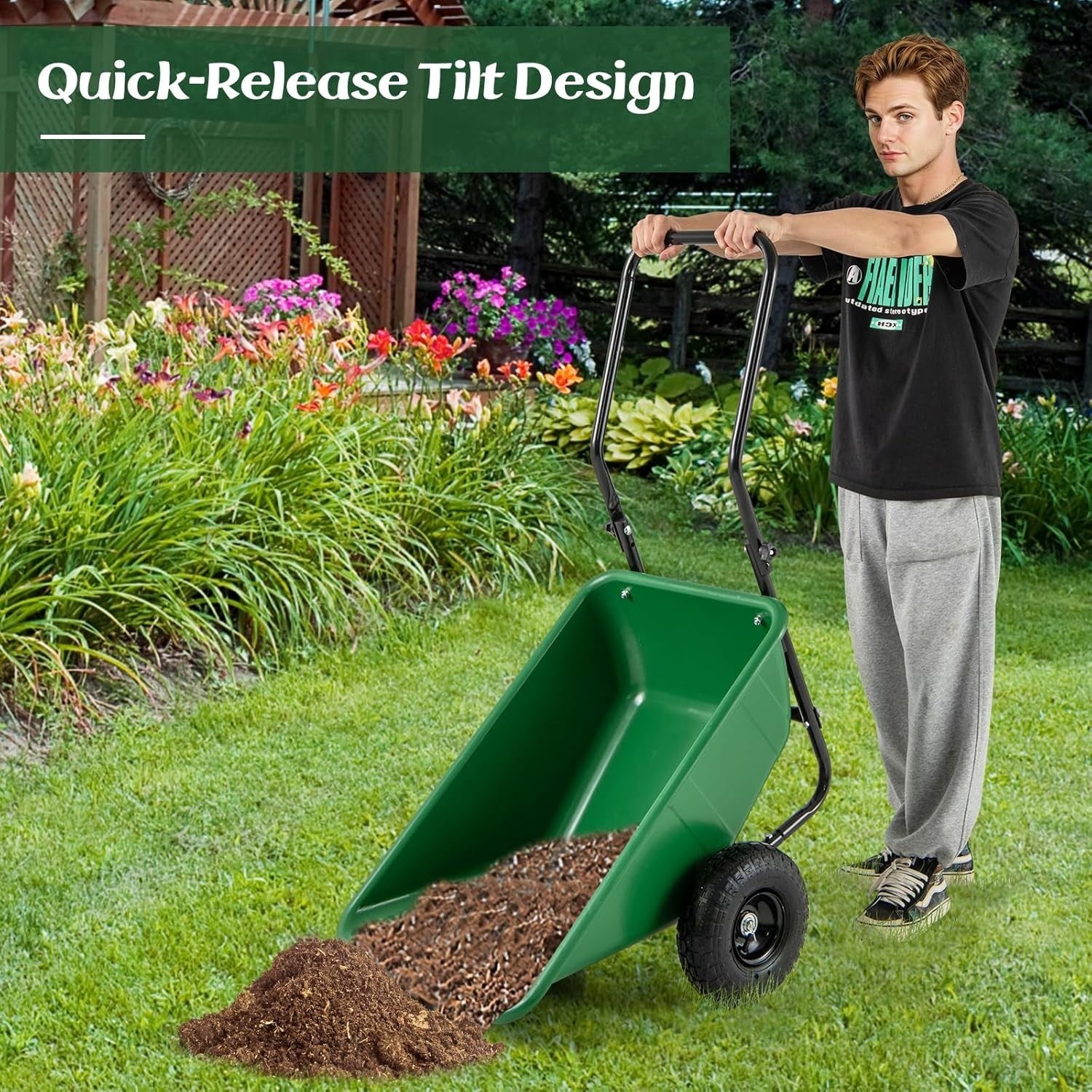 80L 2-Wheel Garden Wheelbarrow Green – Foldable Handle w/ Pneumatic Tyres 100kg