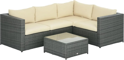 4-Seater L-Shaped PE Rattan Garden Sofa Set with Thick Cushions & Glass Table