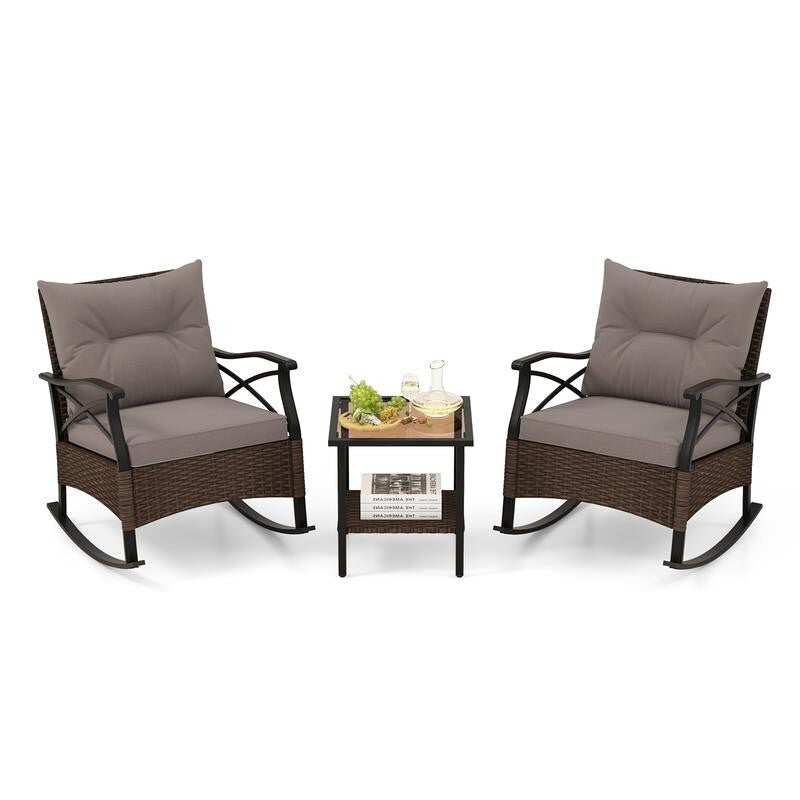 3PC Rattan Rocking Chair Set with Cushions & Glass Table for Garden Patio