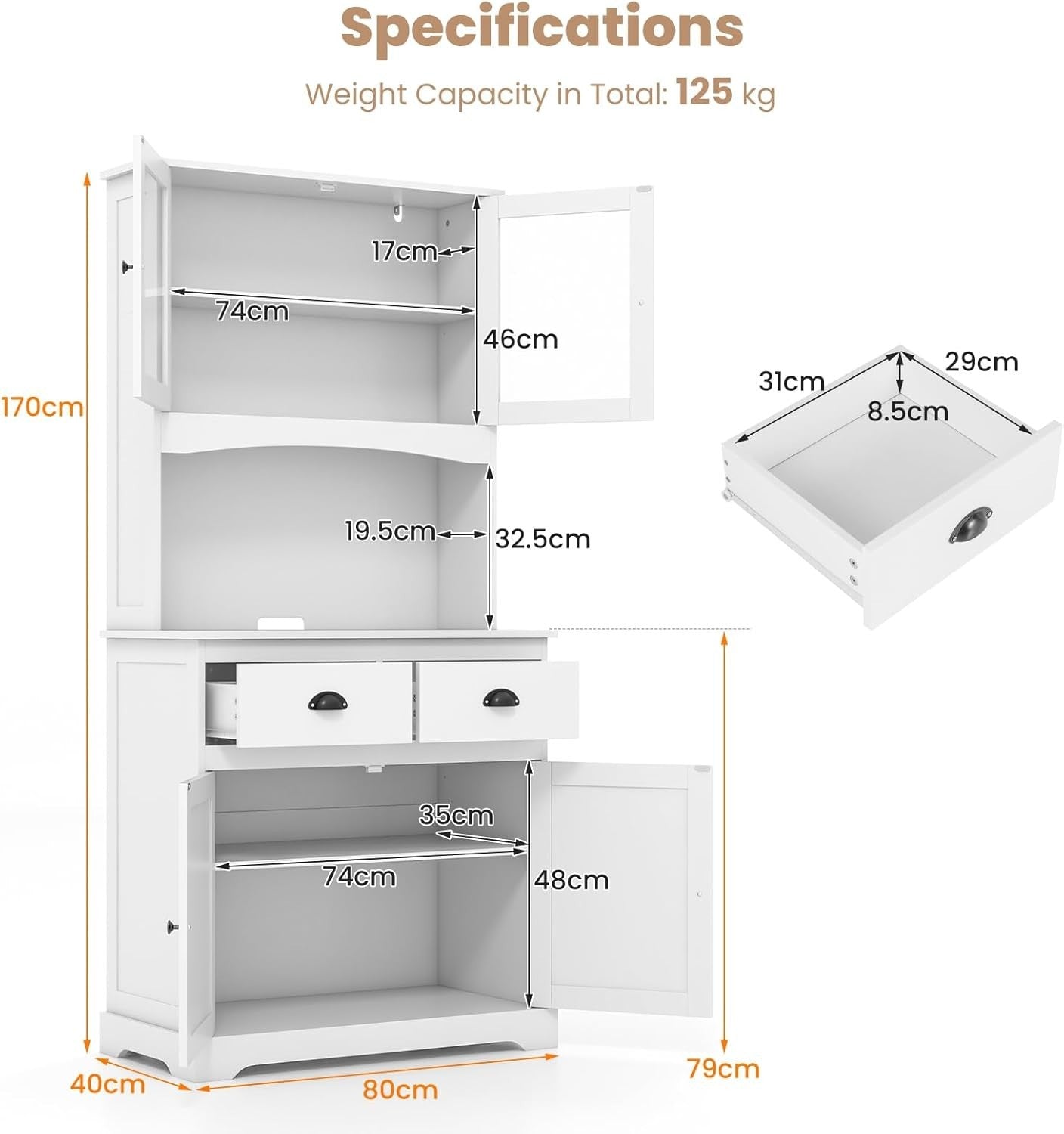 White 170cm Kitchen Cupboard 4-Door Pantry 2 Drawers Adjustable Shelf Cable Hole