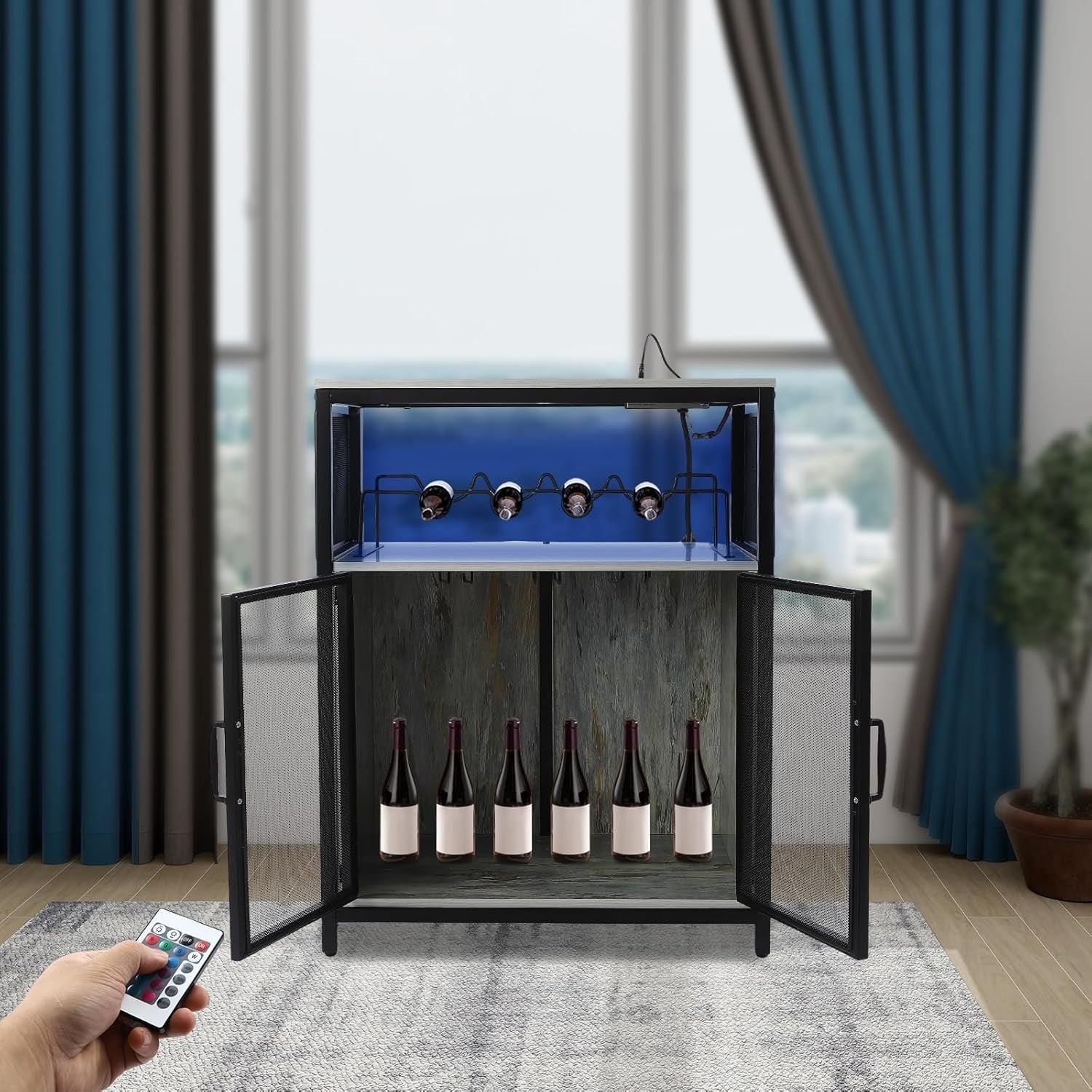 Industrial Wine Bar Cabinet with RGB Lights & Glass Holder Storage
