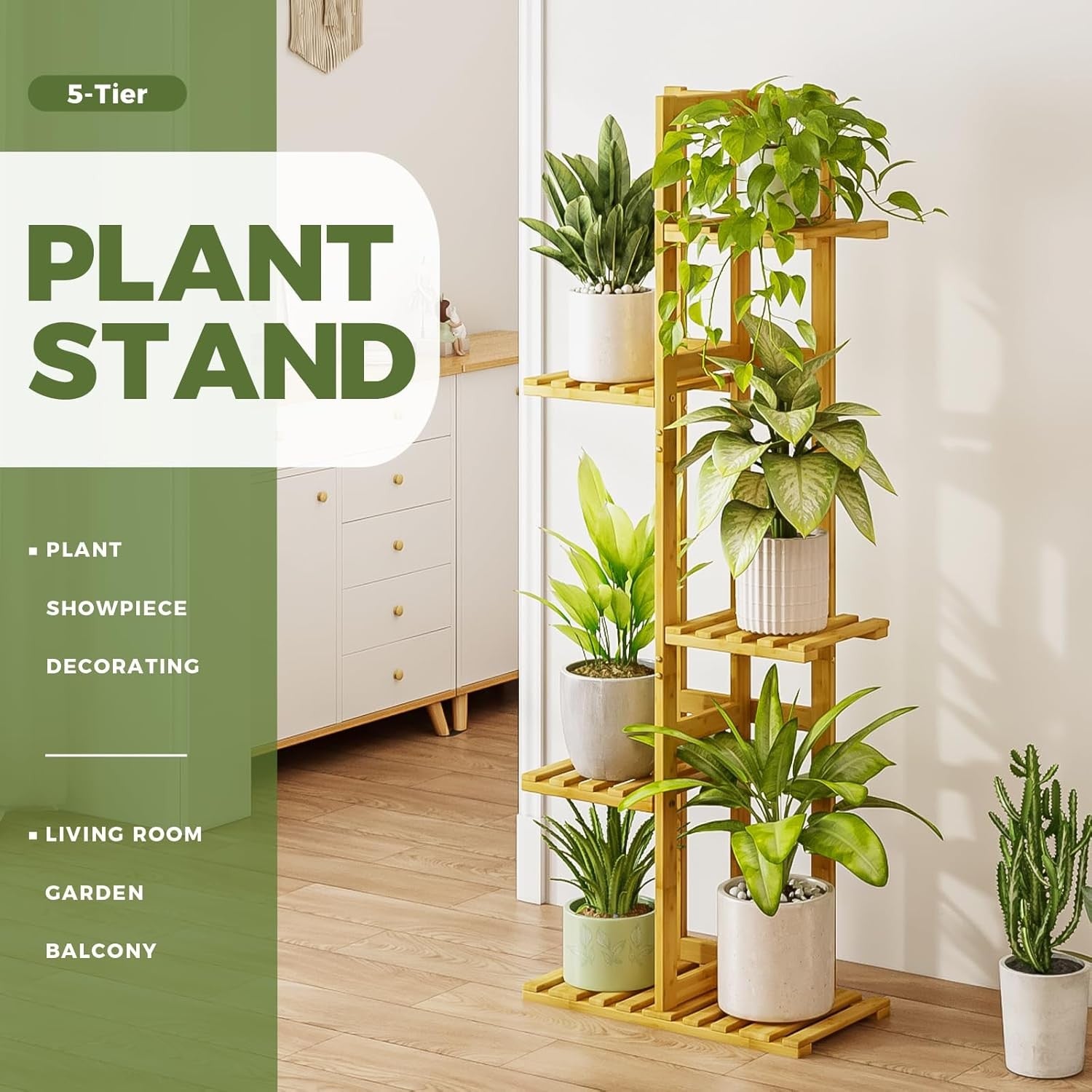 5 Tier Bamboo Plant Stand | Tall Corner Flower Shelf Indoor Outdoor Display Rack