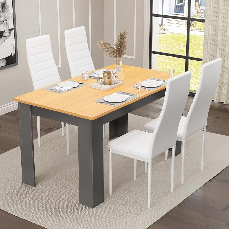 120x80cm Modern Dining Table Set 4 PU Leather Chairs Grey Pine Finish