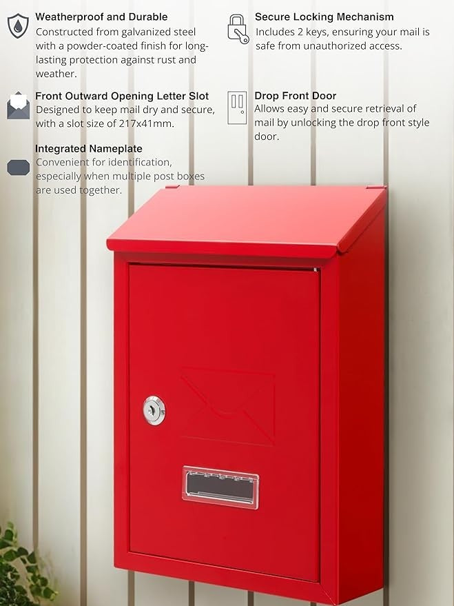Lockable Wall Mounted Mailbox Red Steel Weatherproof Post Box Easy Install