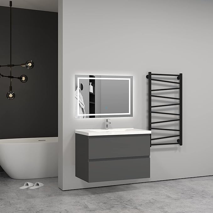 800mm Grey Wall Hung Bathroom Vanity Unit with Basin Sink 2 Drawer Storage