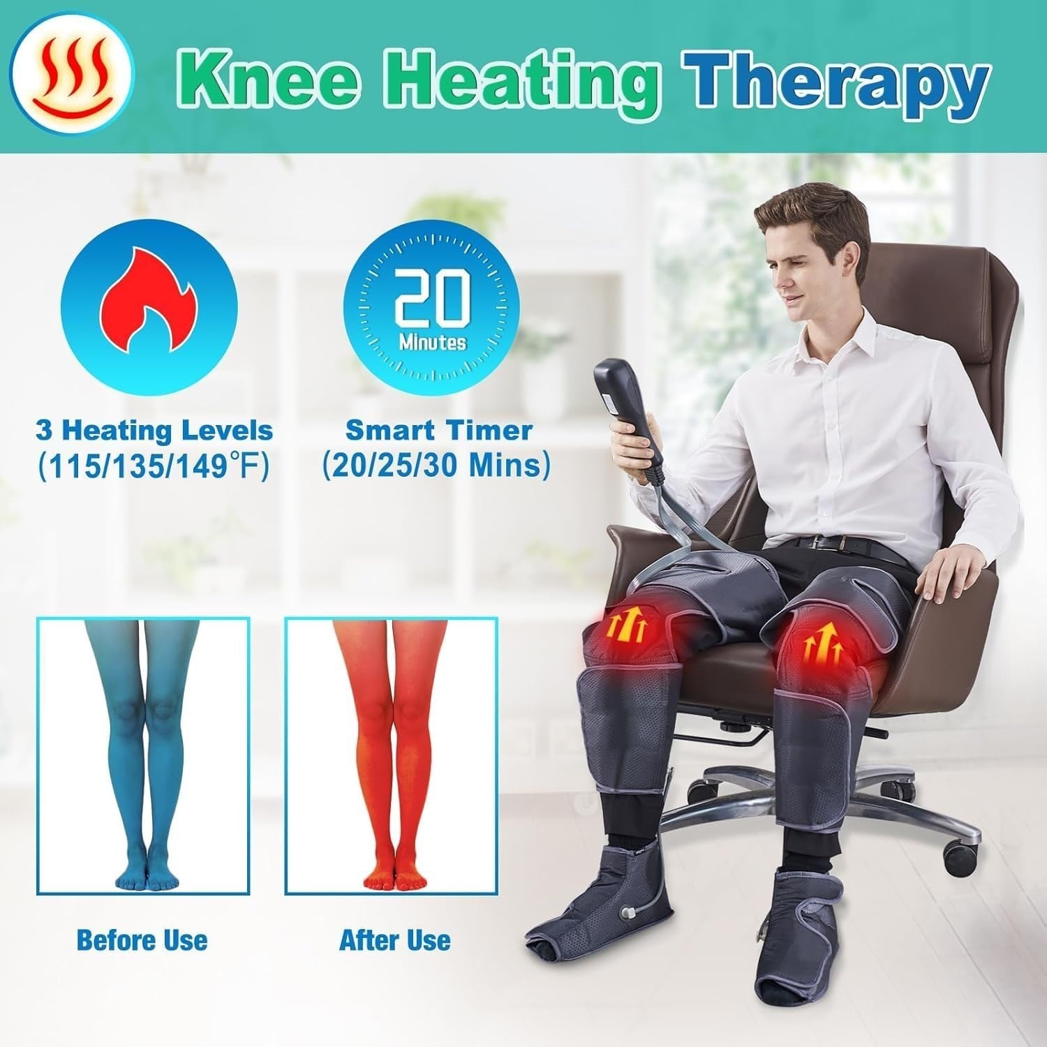 4-in-1 Air Compression Leg Massager with Heat, Knee Calf Thigh Pain Relief
