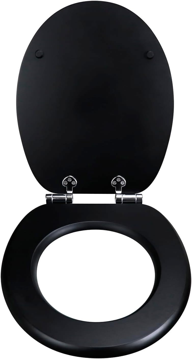 Black Wooden Toilet Seat MDF Soft Close Adjustable Hinges 43.5x37.5cm