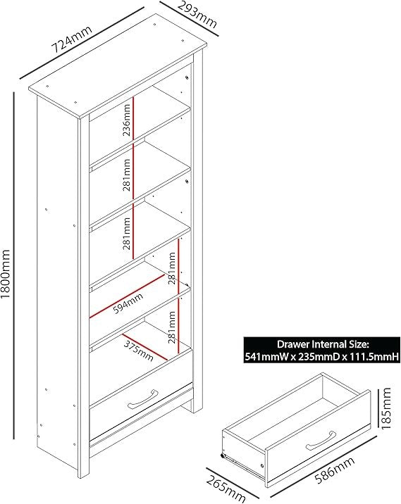 5-Tier Tall Bookcase with Drawer Light Grey Wooden Storage Shelf Unit