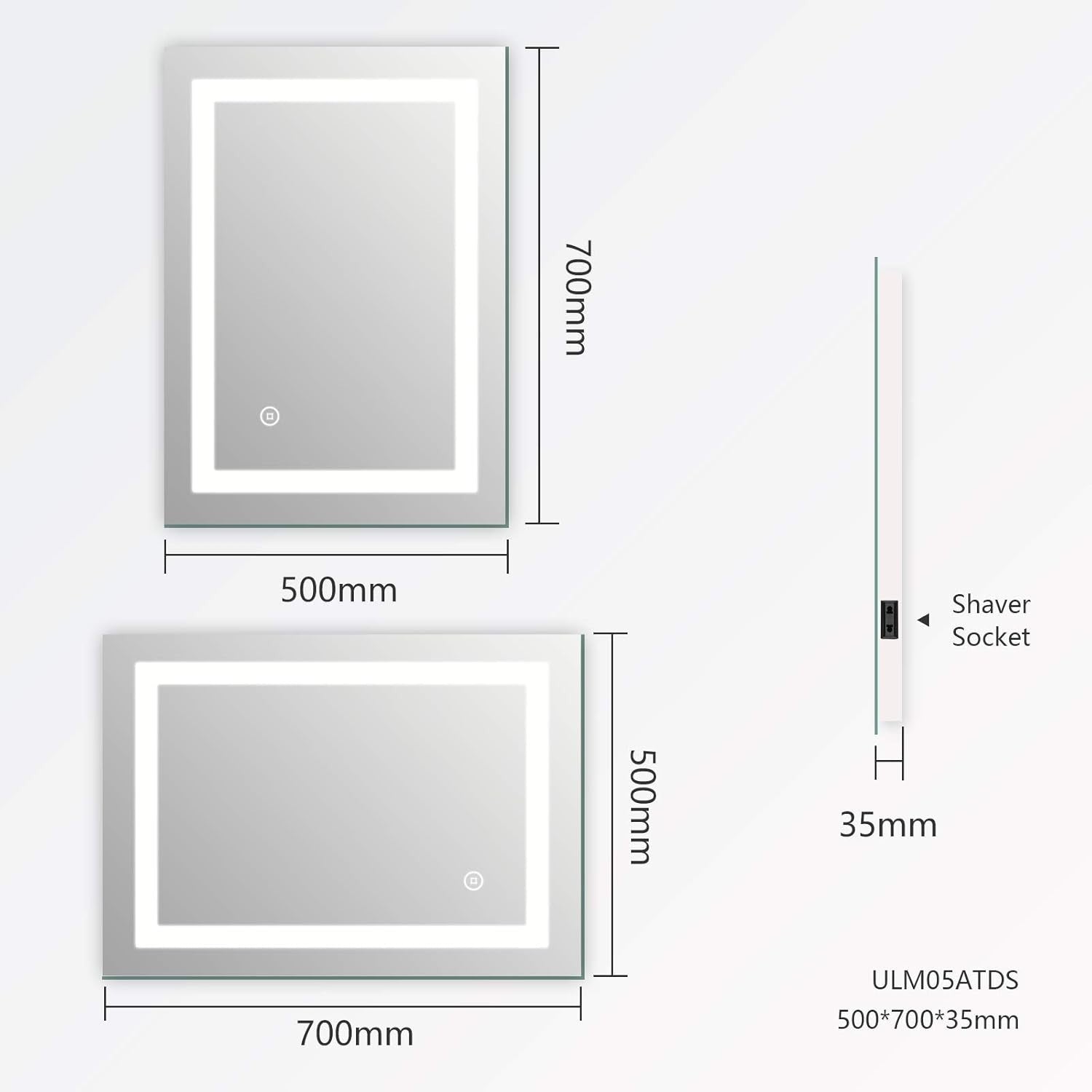 LED Bathroom Mirror 50x70cm with Shaver Socket & Anti-Fog Touch Control