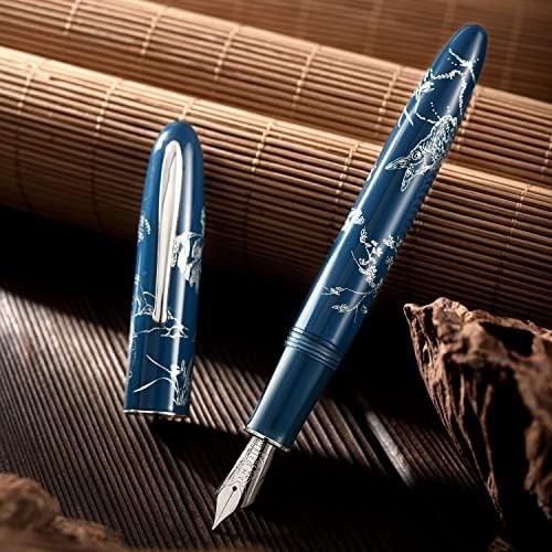 Extra Fine Fountain Pen Blue Metal Silver Trim Gift Box Set