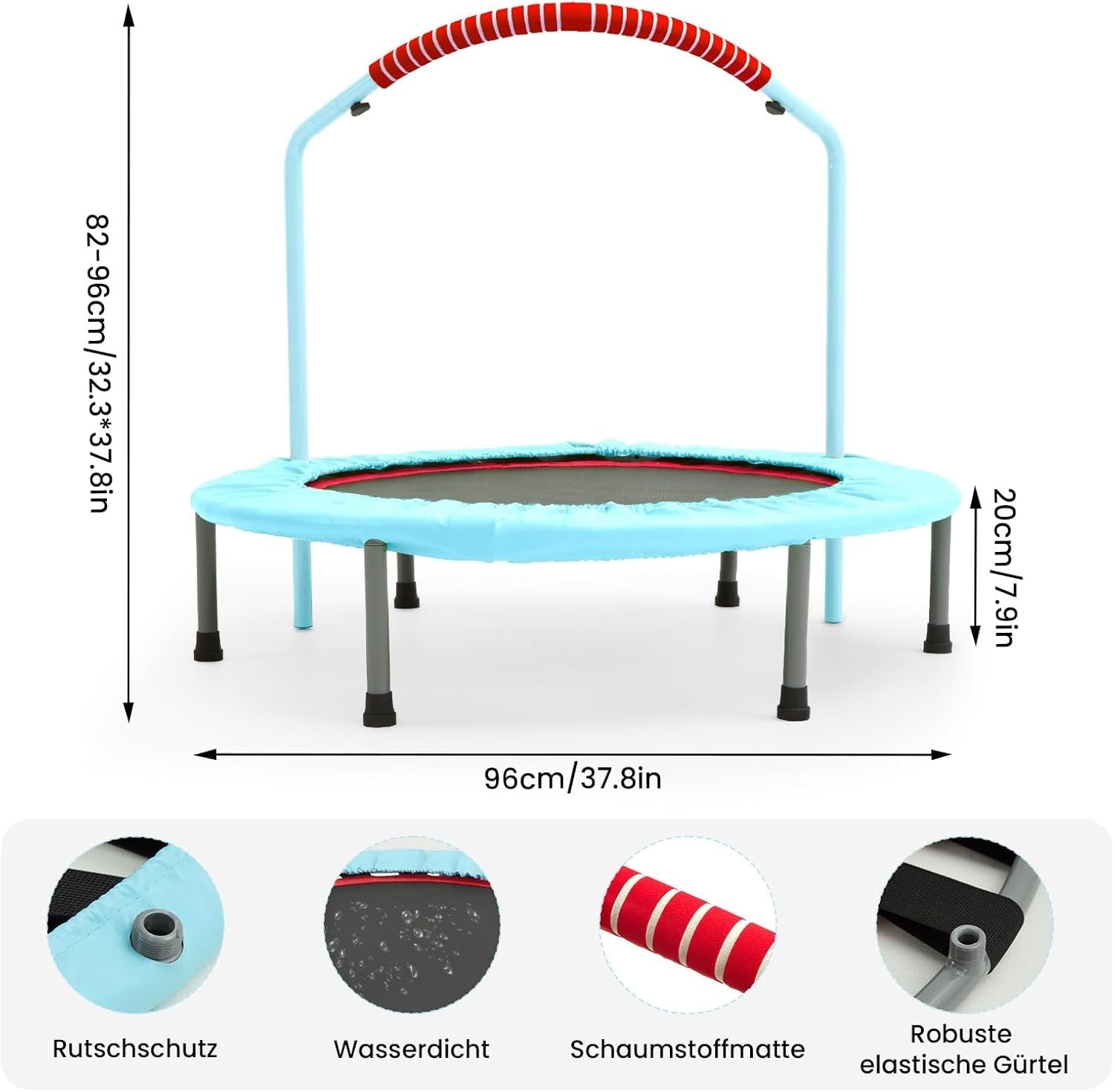 38'' Foldable Fitness Trampoline Adult Rebounder Adjustable Handle 220lb