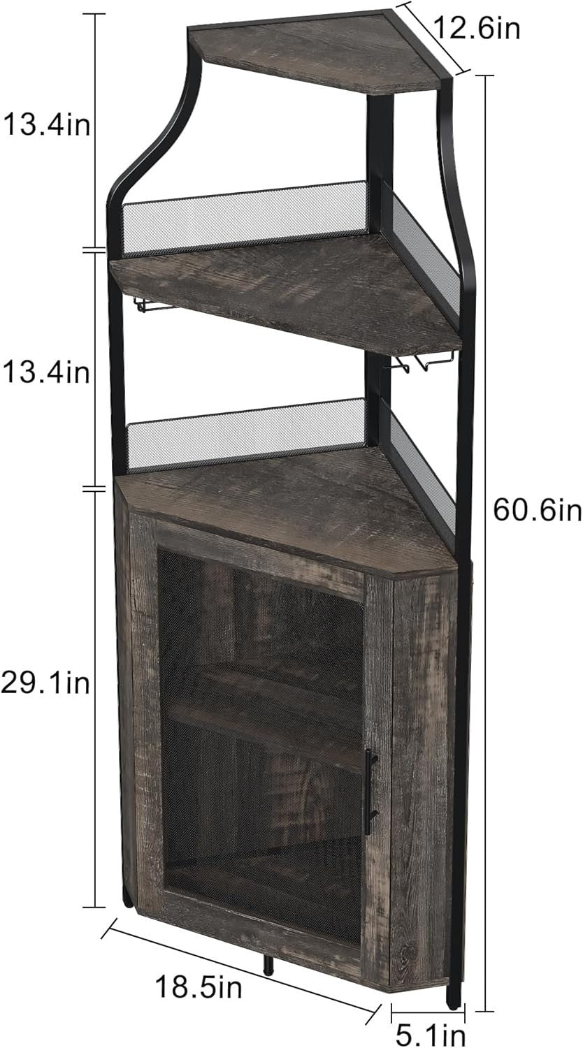 Tall Corner Bar Cabinet with Wine Rack & Glass Holder, 5-Tier Liquor Storage