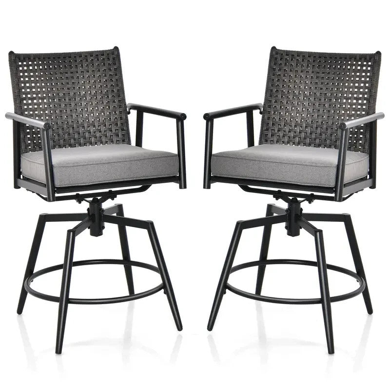 Outdoor Swivel Bar Stools Set of 2 Rattan Cushioned Garden Patio Chairs