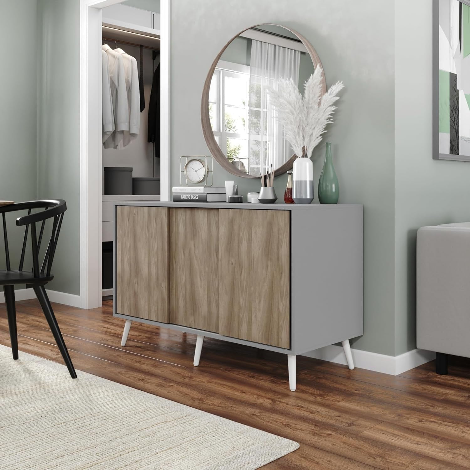 Modern 3-Door Sliding Sideboard Cabinet Oak Doors Wooden Legs Storage Unit