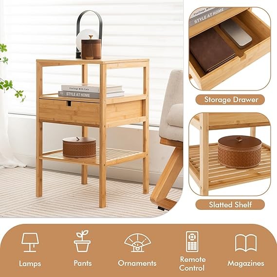 Bamboo Bedside Tables Set of 2 – 3-Tier Nightstands with Drawer & Shelves