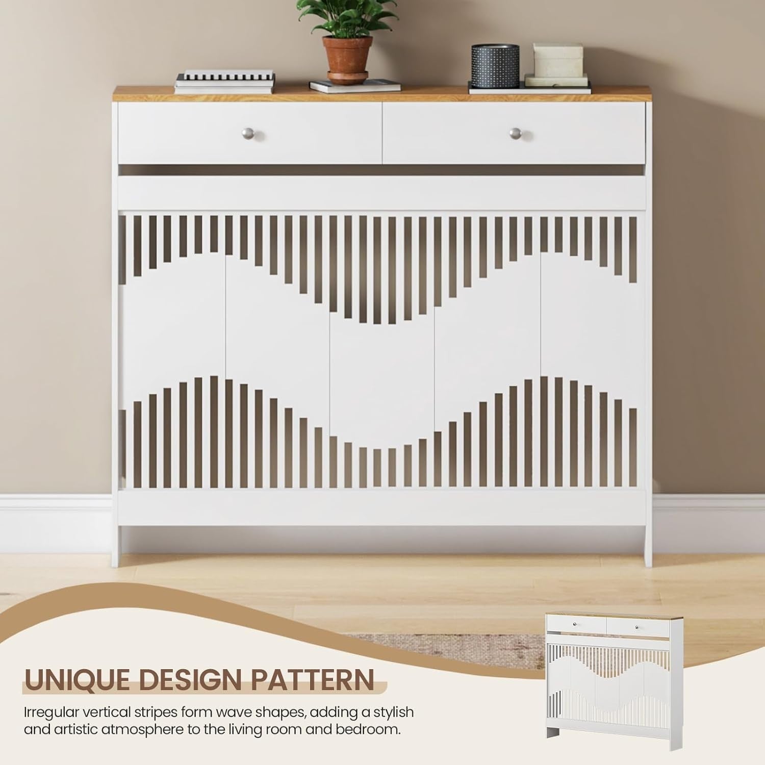 White Radiator Cover Cabinet with Drawers Modern MDF Storage Shelf, Medium