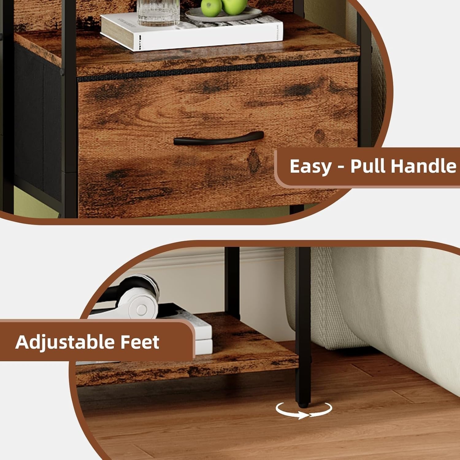 Wood Grain Bedside Table with LED Light – Nightstand with USB Ports
