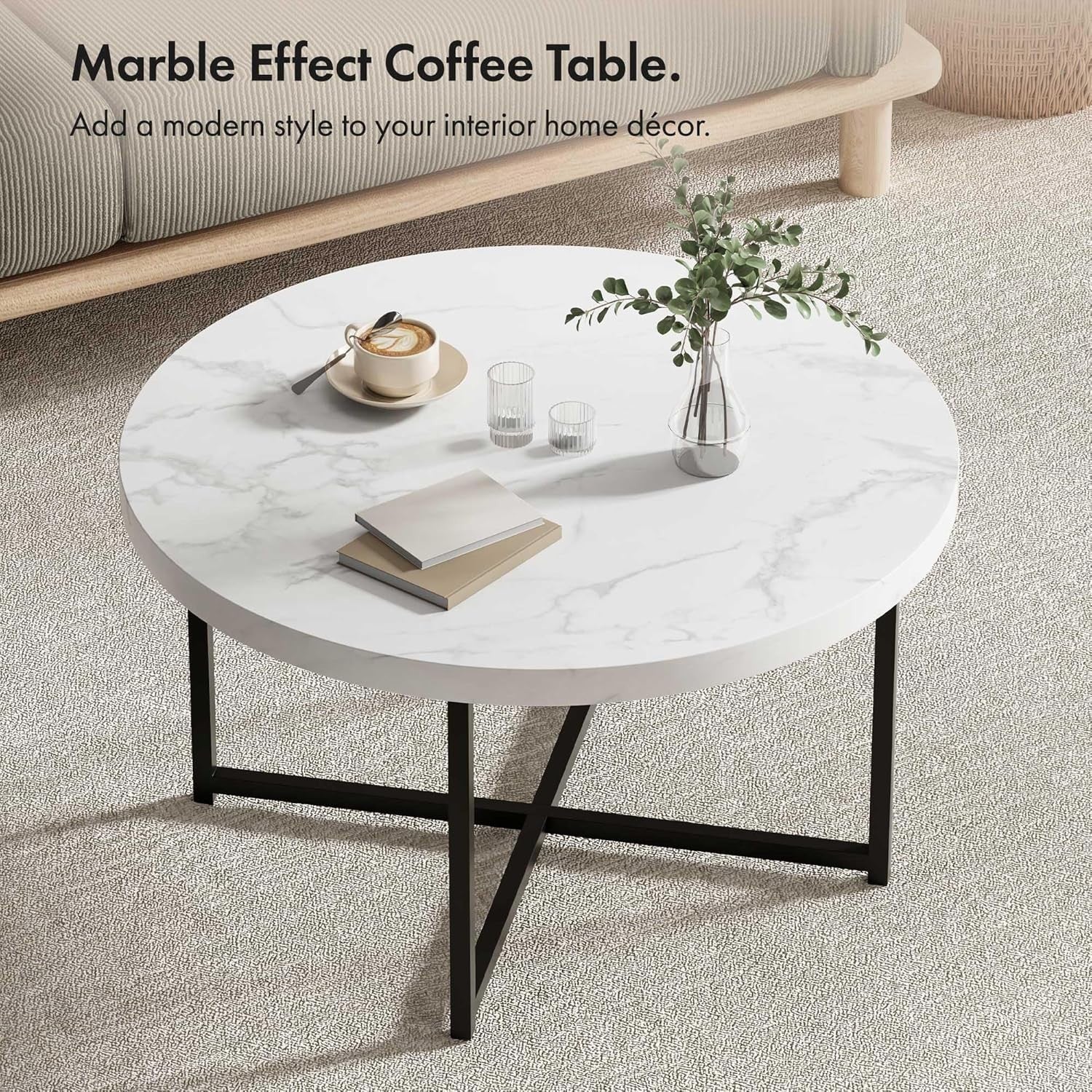 Round Marble Look Coffee Table 80cm White Grey PVC Top with Black Metal Legs