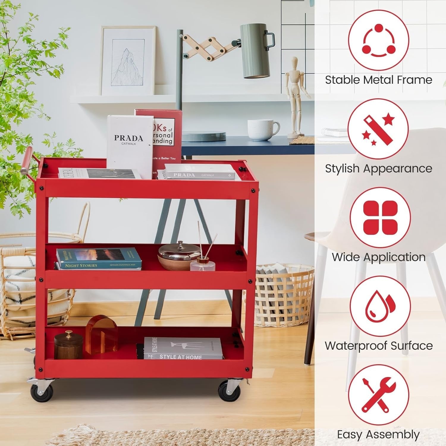 3 Tier Heavy Duty Tool Trolley Rolling Utility Storage Cart Red