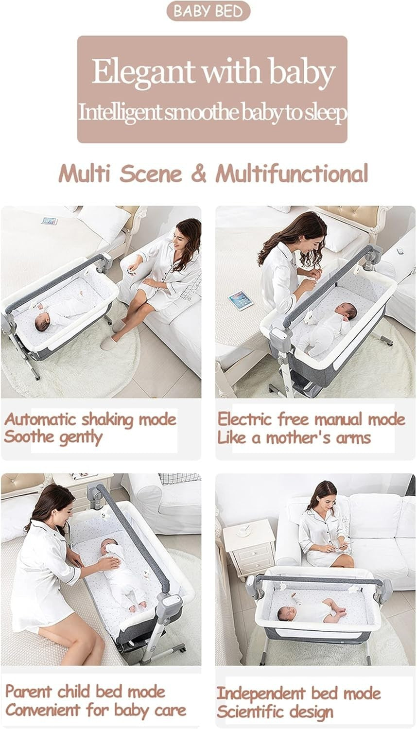 Smart Baby Bedside Crib with Music, Remote, Adjustable Height & Swing Brown