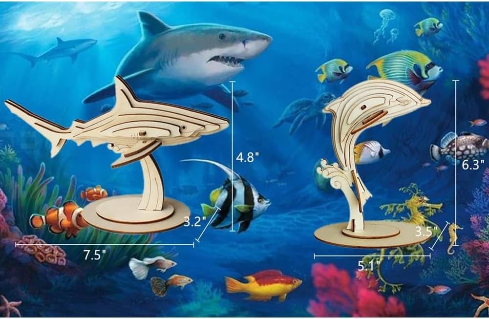 Wooden 3D Sea Life Puzzle Set – 6 Marine Animal Models with Stands, DIY Kit