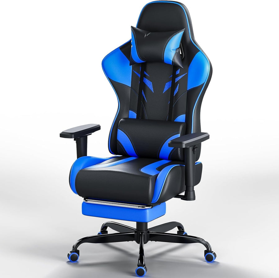 Ergonomic Gaming Chair w/ Footrest 2D Armrests PU Leather Blue