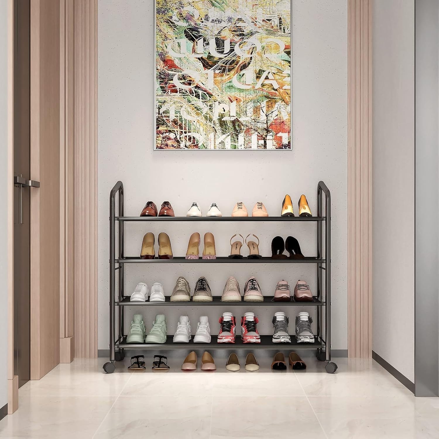 4-Tier Rolling Shoe Rack with Waterproof Fabric Shelves & Locking Wheels