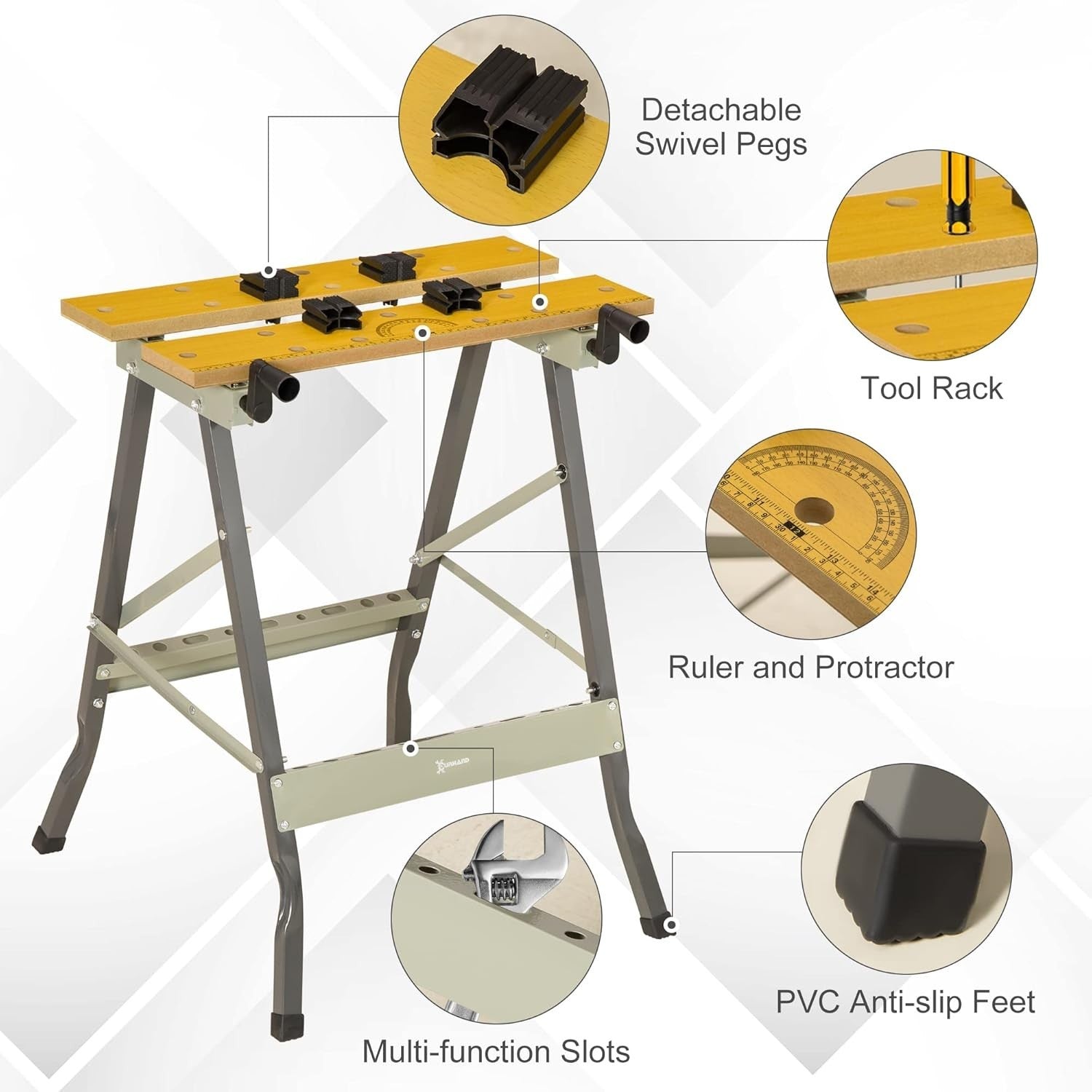 4-in-1 Folding Work Bench Sawhorse Clamp Table Grey w/ Pegs Ruler 100kg