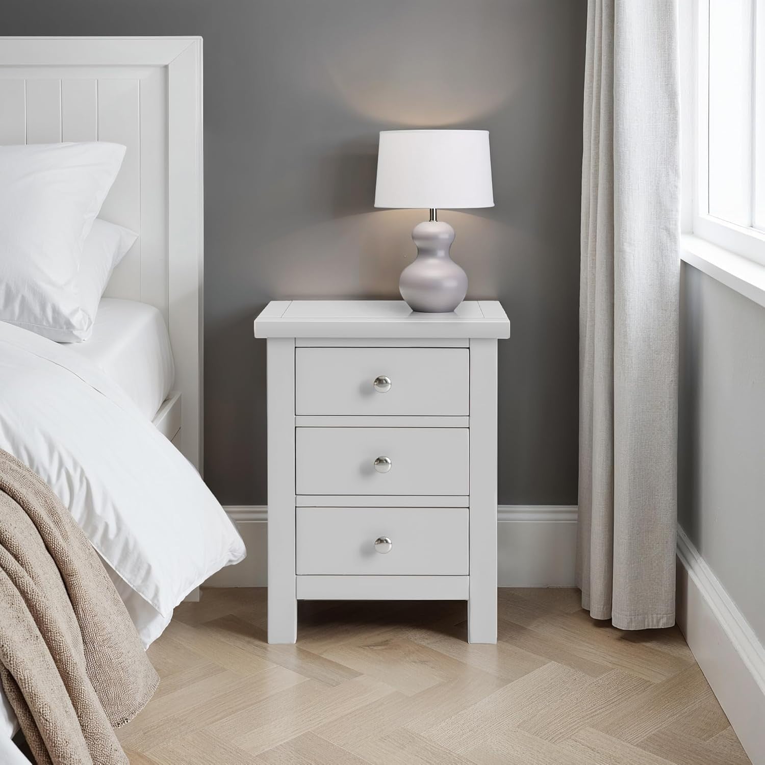 Dove Grey Solid Wood 3 Drawer Bedside Table Fully Assembled 42x32x56cm