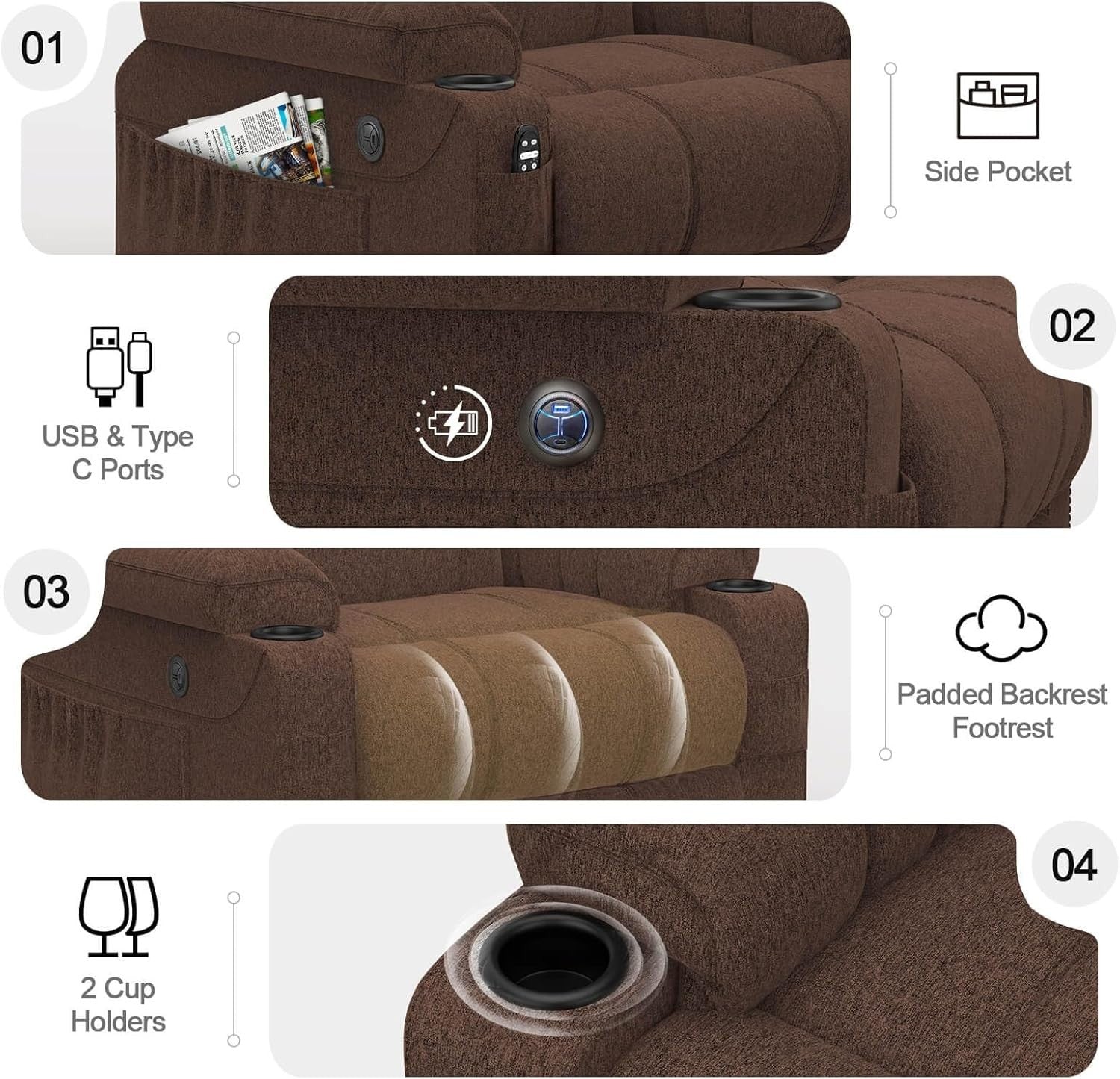 Power Lift Recliner Chair Massage Heat USB Type-C Cup Holders Fabric Brown