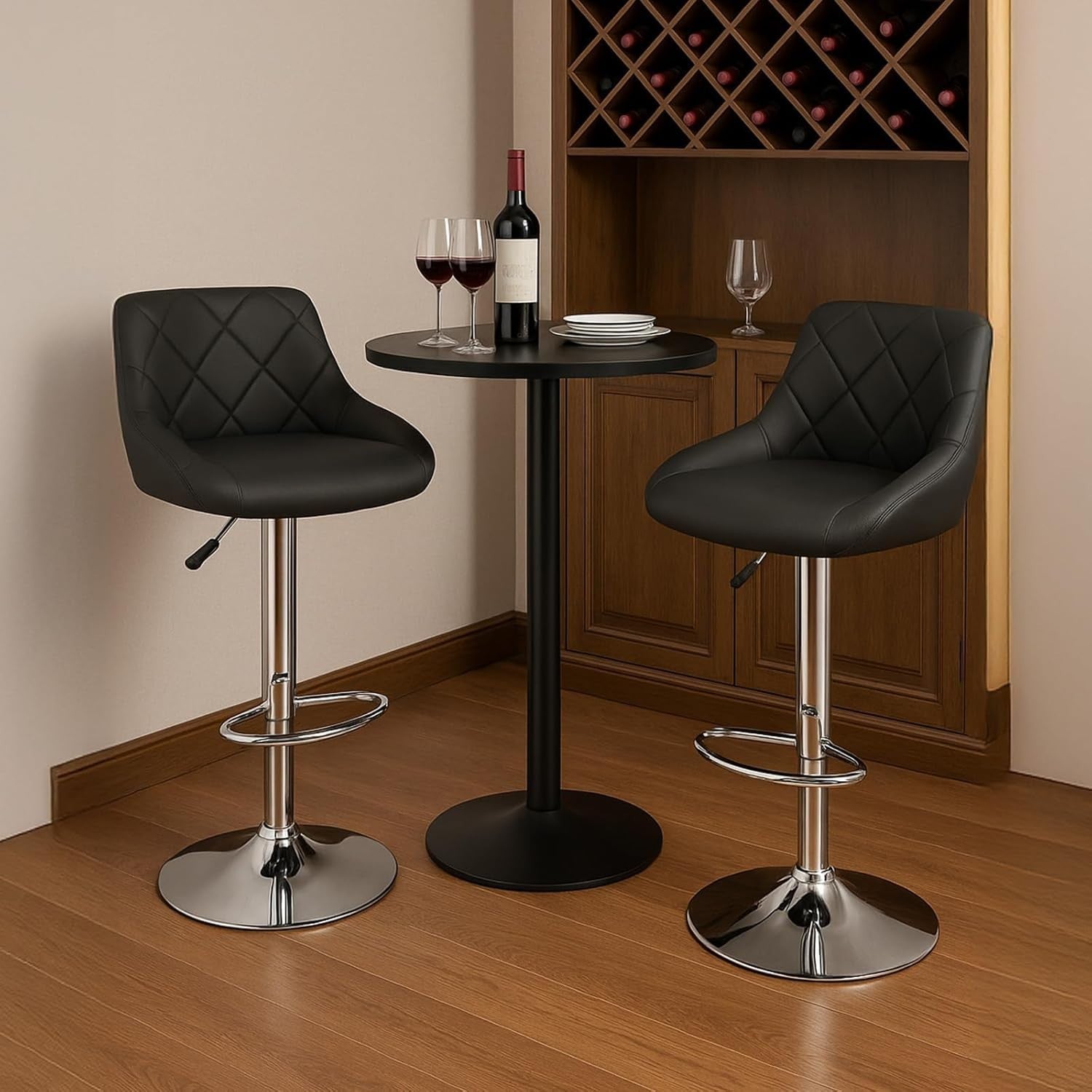 Set of 3 Adjustable Swivel Bar Stools – Black L-Shape