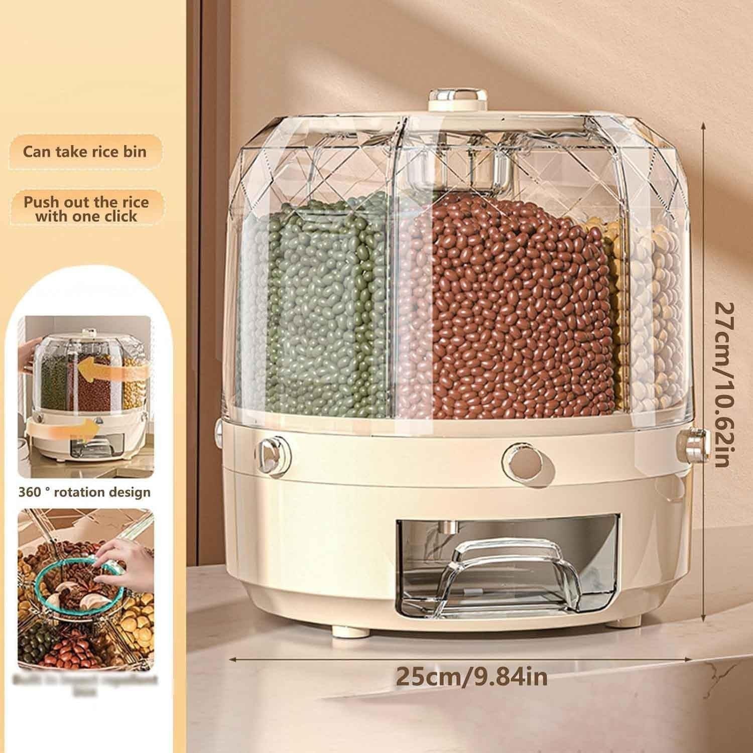 Round Rotating Grain Dispenser 6 Grid Dry Food Storage Jar Button Press