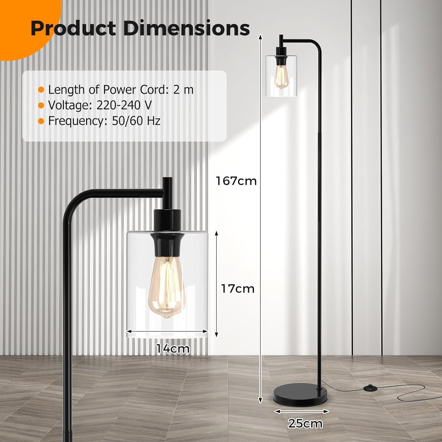 Black Floor Lamp Hanging Glass Shade E27 Modern Standing Reading Light