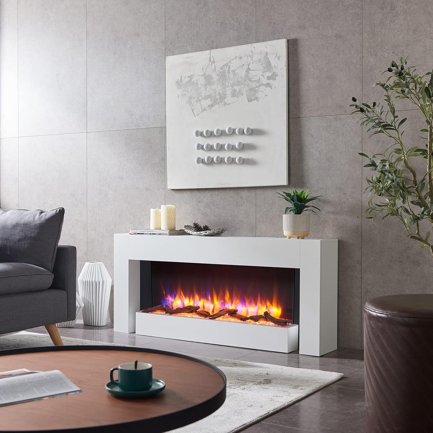 52” Freestanding Electric Fireplace Heater 2kW LED Flame White Modern