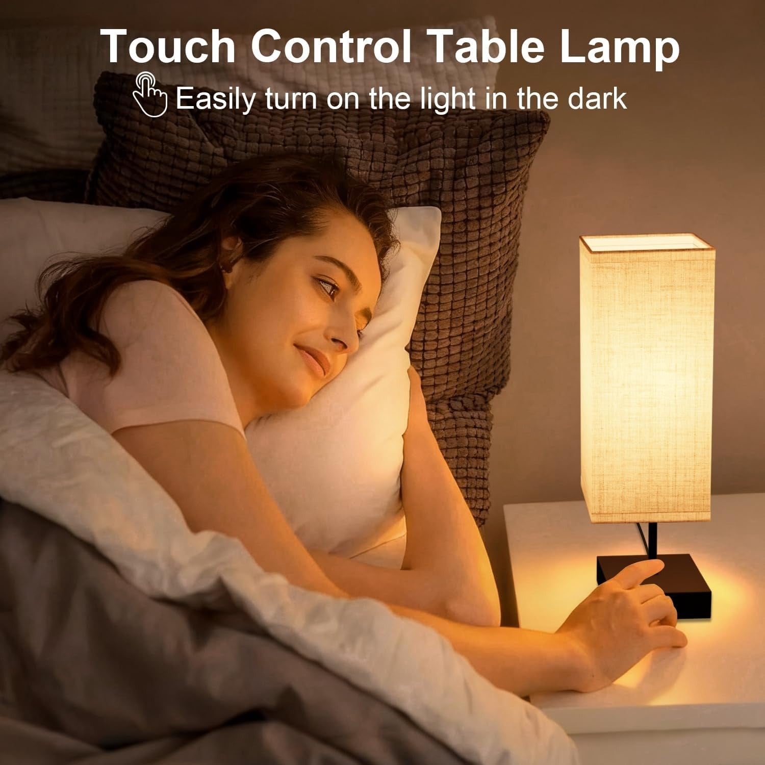 Touch Bedside Lamps Set of 2 USB A+C Dimmable Fabric Shade Nightstand