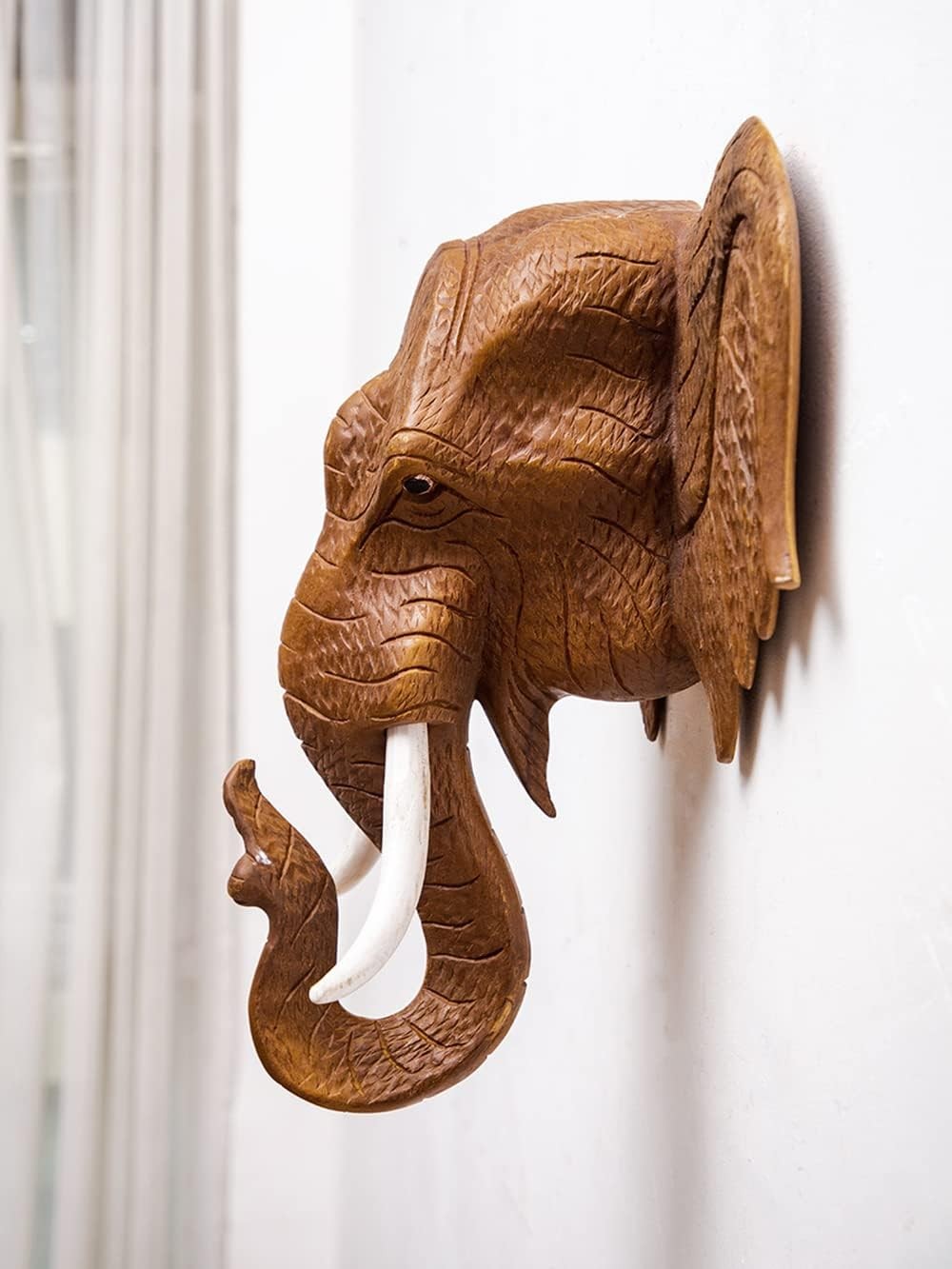 Thai Elephant Head Wall Sculpture 13" Wooden Bust Decor