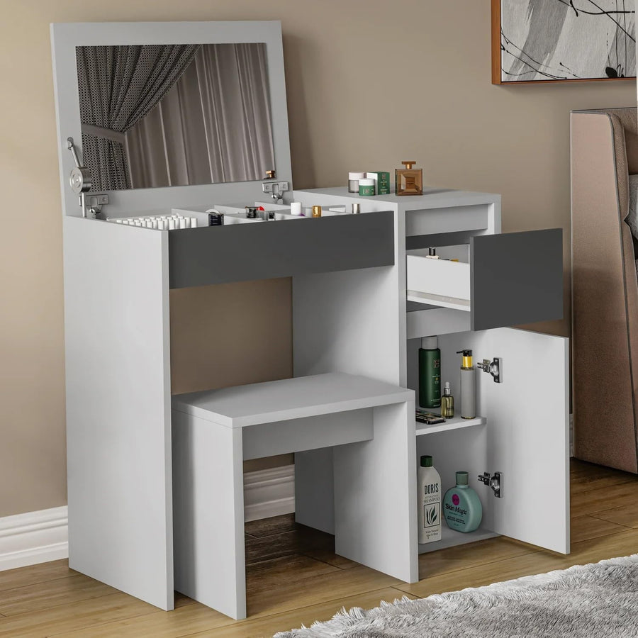 Vanity Dressing Table Set w/Flip-Up Mirror Desk Stool Drawer Hidden Storage Grey