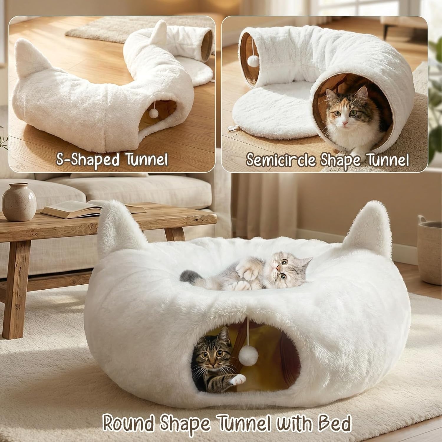Plush Cat Tunnel Bed Round Donut Cave w Washable Cushion White