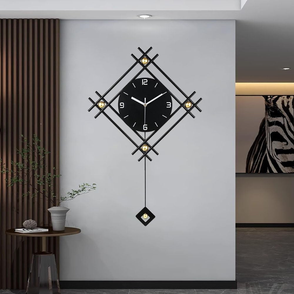 Modern Black Minimalist Pendulum Wall Clock – Silent Large Metal Decor 66×47cm