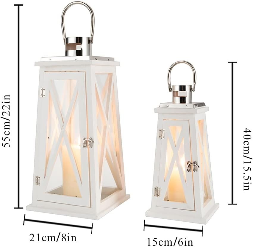 Set of 2 Farmhouse Wooden Lanterns White Rustic Candle Holders 55cm