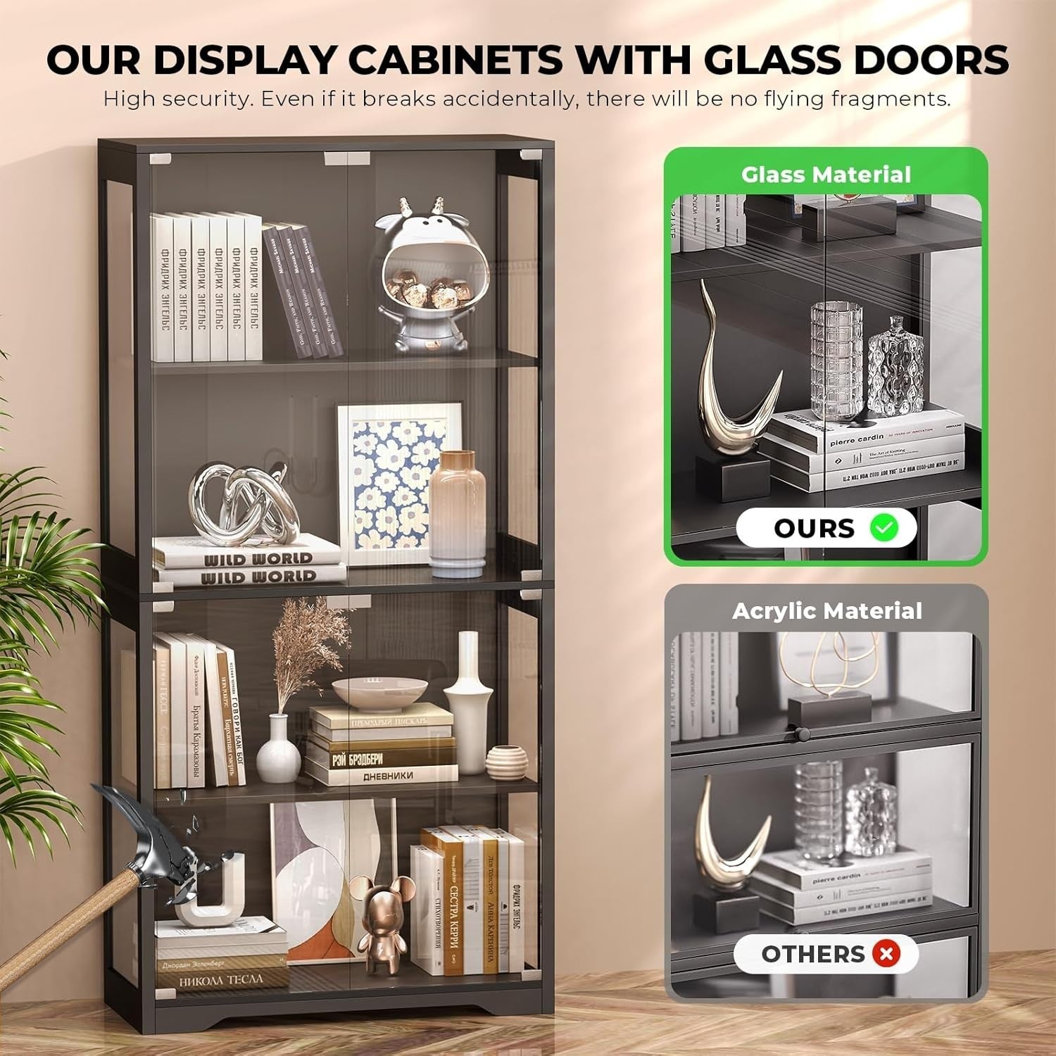 LED Display Cabinet with 3-Color Lights, Glass Doors & 4-Tier Storage – 80x36x16