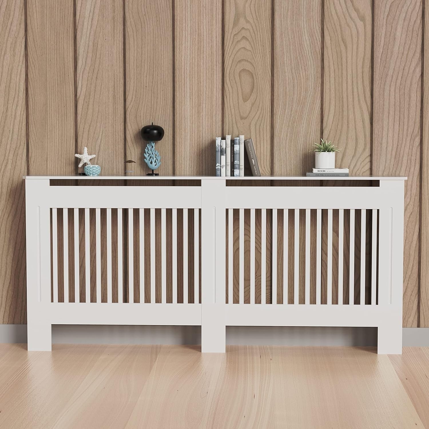 Large White Radiator Cover Cabinet 92cm MDF Vertical Slatted Heater Shelf