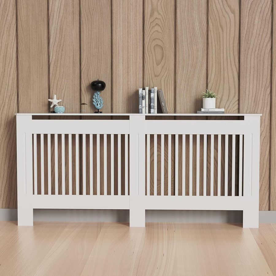 Large White Radiator Cover Cabinet 92cm MDF Vertical Slatted Heater Shelf