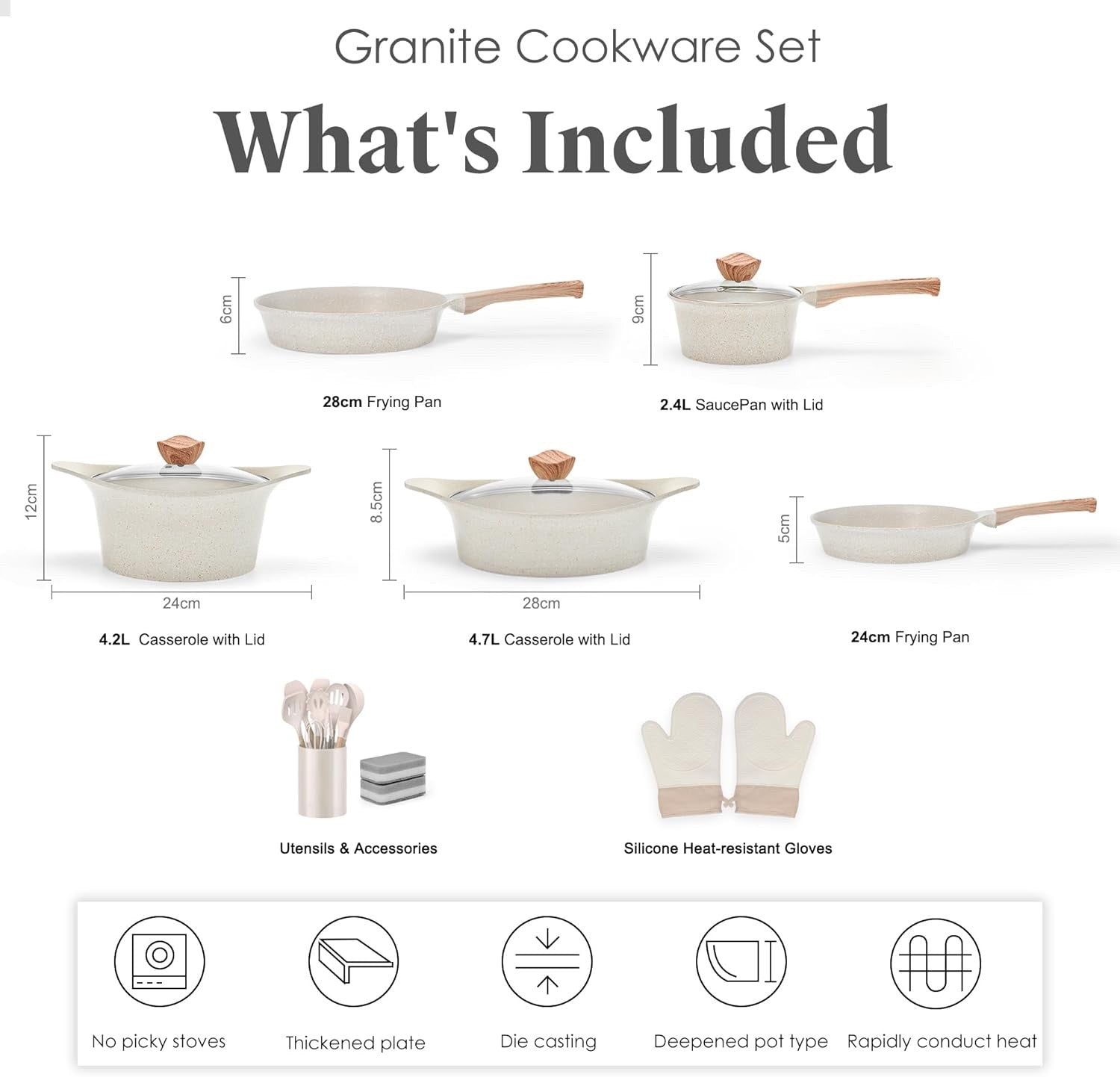 11Pcs Grey Induction Compatible Pots & Pans, with Bakelite Handle PFOA-Free