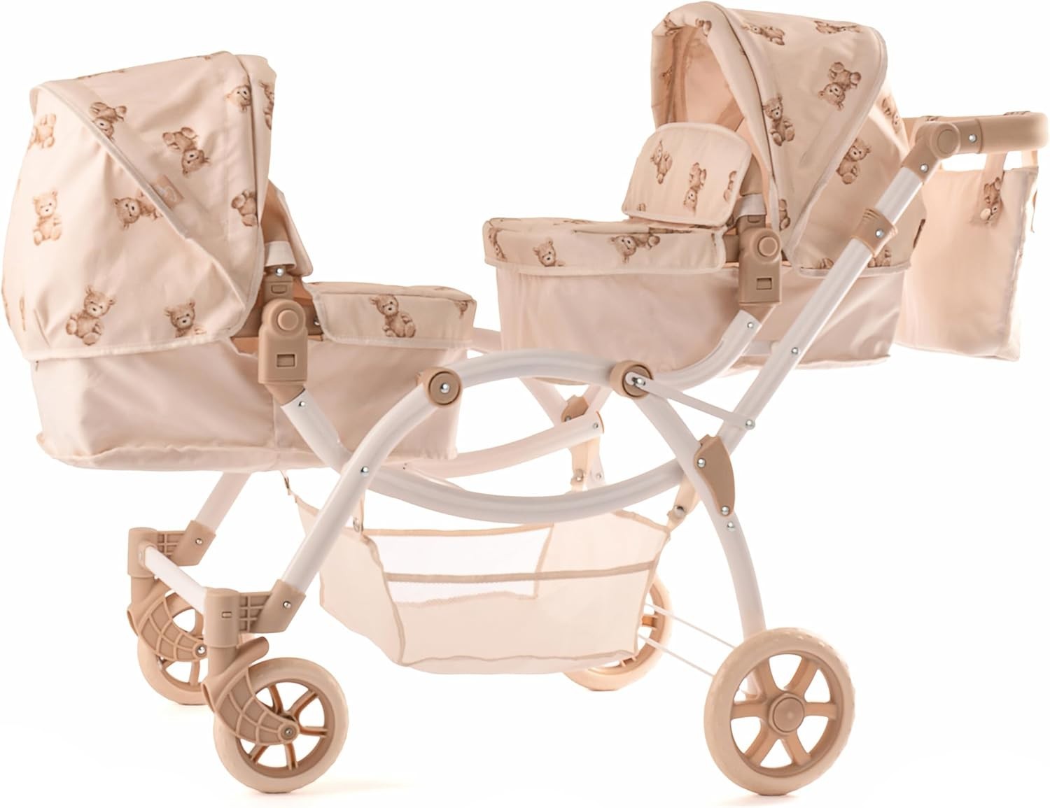 Twin Dolls Pram Adjustable Handle 50–88cm, 2 in 1 Carrycot Seats, Cream