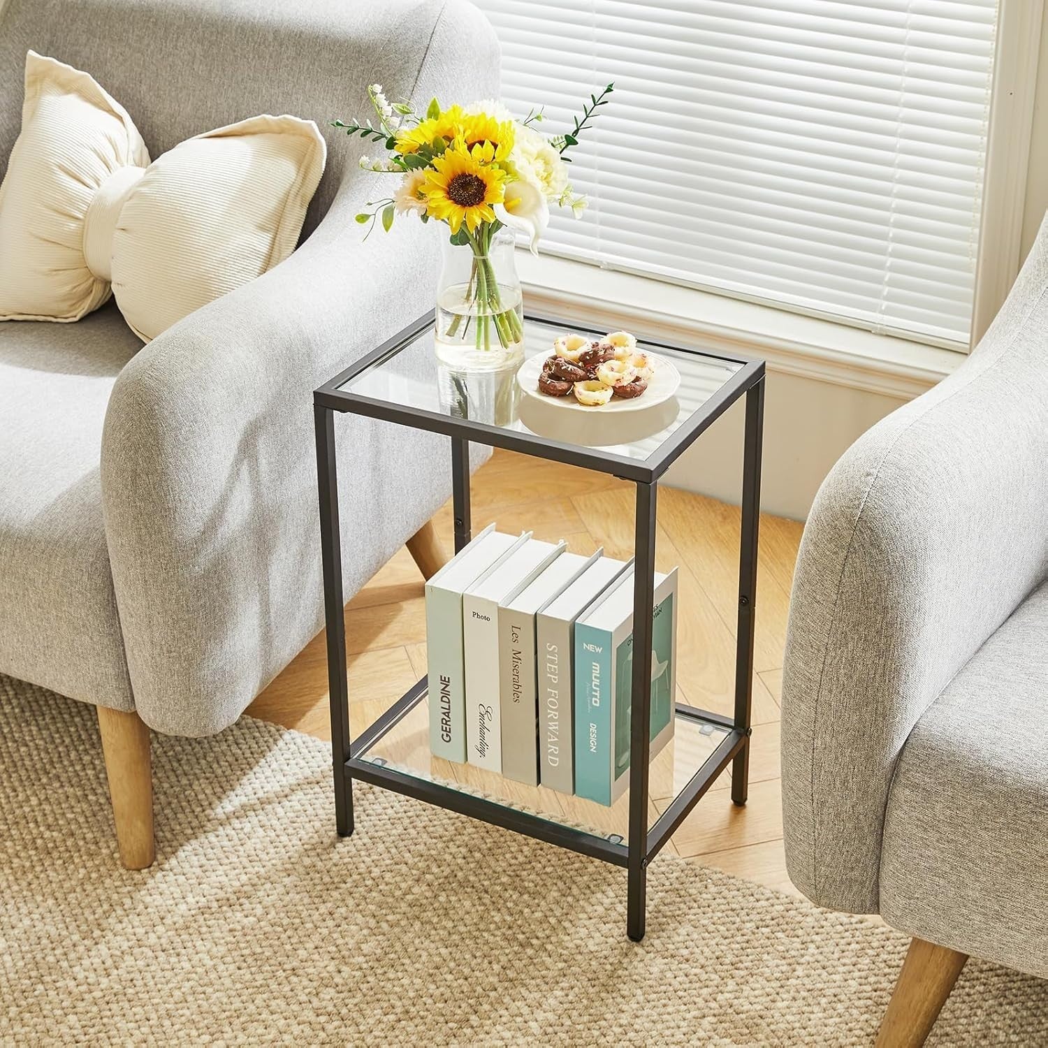 Black 2-Tier Side Table 38x28x56 cm | Sofa & Bedside Table w/ Tempered Glass