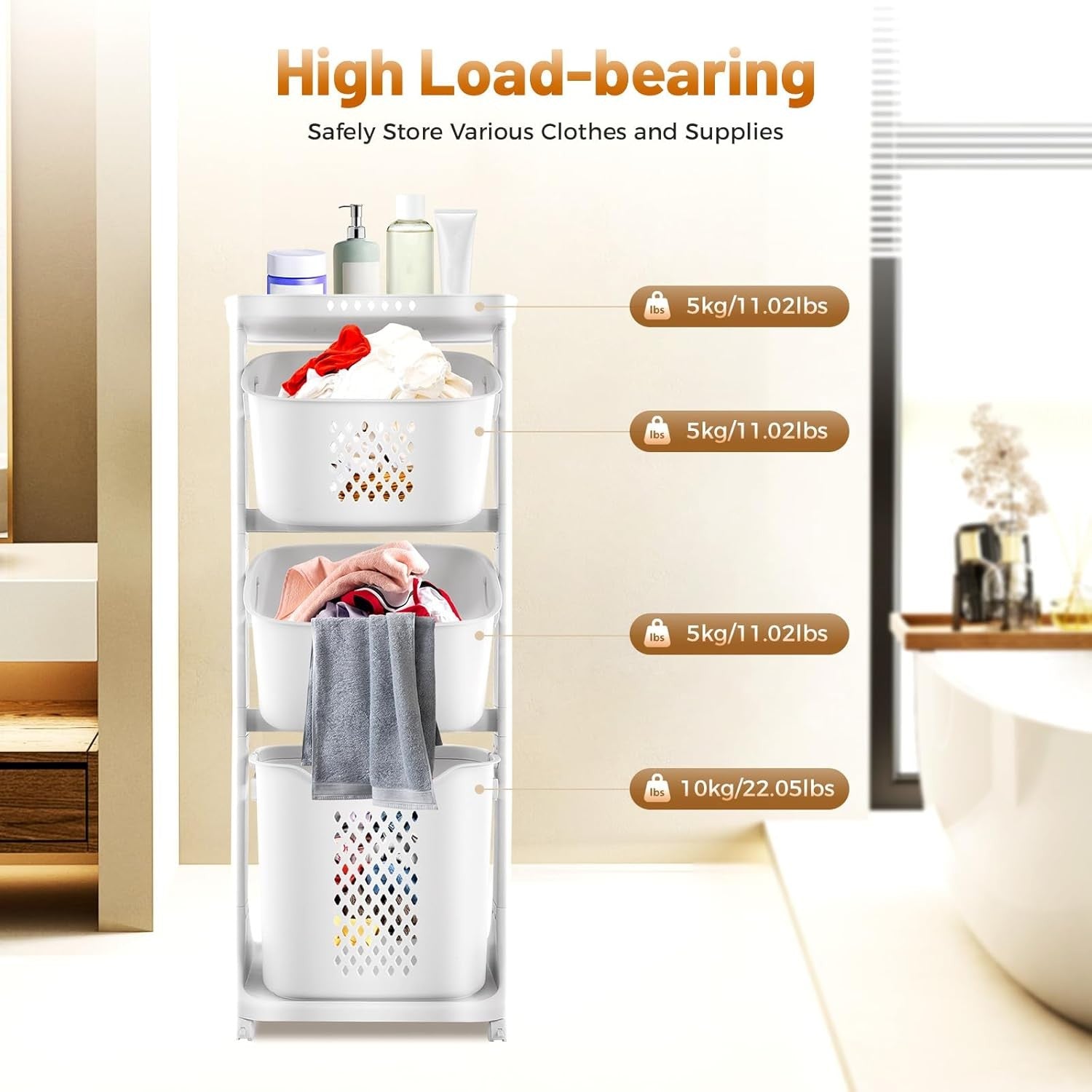 4-Tier Laundry Cart with Wheels Space Saving Hamper & Storage Baskets White