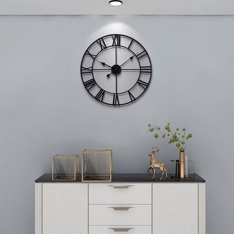 47cm Large Roman Numeral Wall Clock Black Metal Silent Quartz Modern Decor